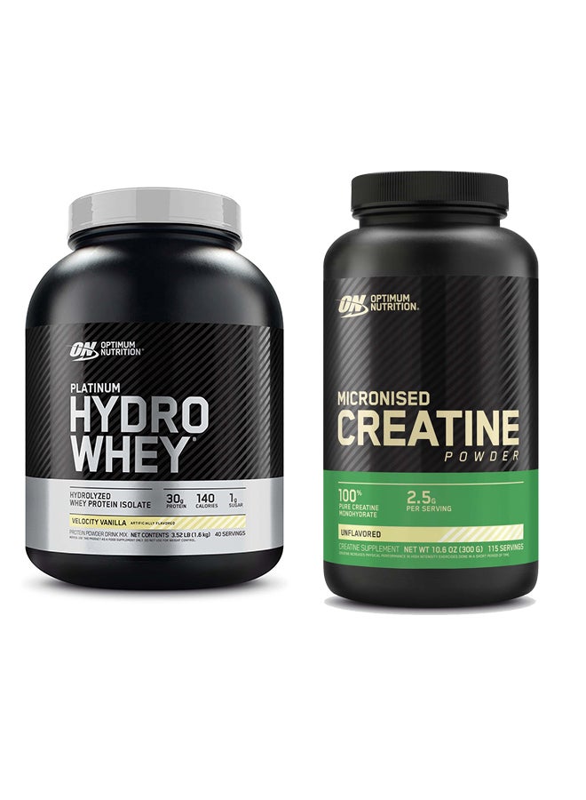 Optimum Nutrition عرض حزمة حصرية - على بلات هايدرو واي جي إف فانيلا 3.52 رطل ومسحوق الكرياتين المجهرية بدون نكهة 300 جرام 115 حصة - Image 1